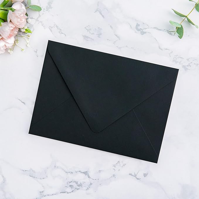 PONATIA 50 PCS A7 Euro Flap Black Envelopes, 5.25 x 7.25'' Green Liner Envelopes for 5x7 Wedding Invitations, Photos, Postcards, Greeting Cards, Christmas Gift Cards, Acrylic Mailing
