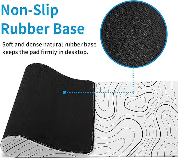White Big Mousepad for Gaming Large Topographic Map Washable Desk Pad with Stitched Edge Office Supplies and Decor 31.5''x11.8'' Computer Keyboard Protector