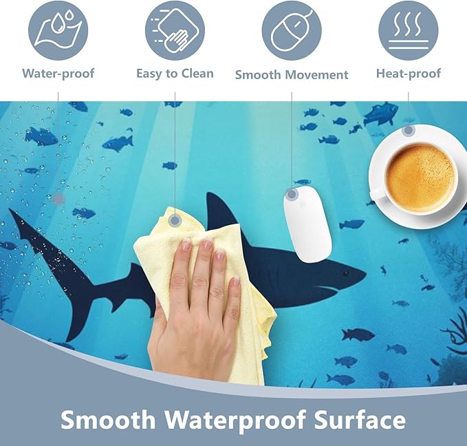Mouse Pad Desk Mat Leather Desk Pad Large Gaming Desk Cover Protector Mat for Keyboard Computer Laptop Office Waterproof 47.2 x 23.6 Inch Sharks Coral Reef Tropical Blue