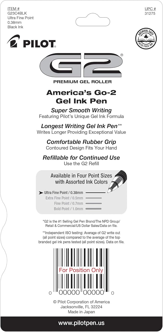 Pilot, G2 Premium Gel Roller Pens, Ultra Fine Point Gel Pens 0.38 mm, Pack of 4, Black