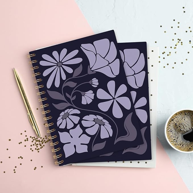 VONTP Boho Abstract Floral Spiral Notebook, Purple Abstract Flower Aesthetic Journal, Boho Office Supplies, Botanical Floral College Ruled Notebook Journal for Writing, 5.5x8.3