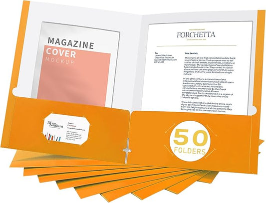 Zzrywuty File Folders with Pockets Letter Size, 50-Pack Paper Folders with Card Slot, Two Pocket Folders for School Students, Businessmen, Home and Office Workers (Orange)