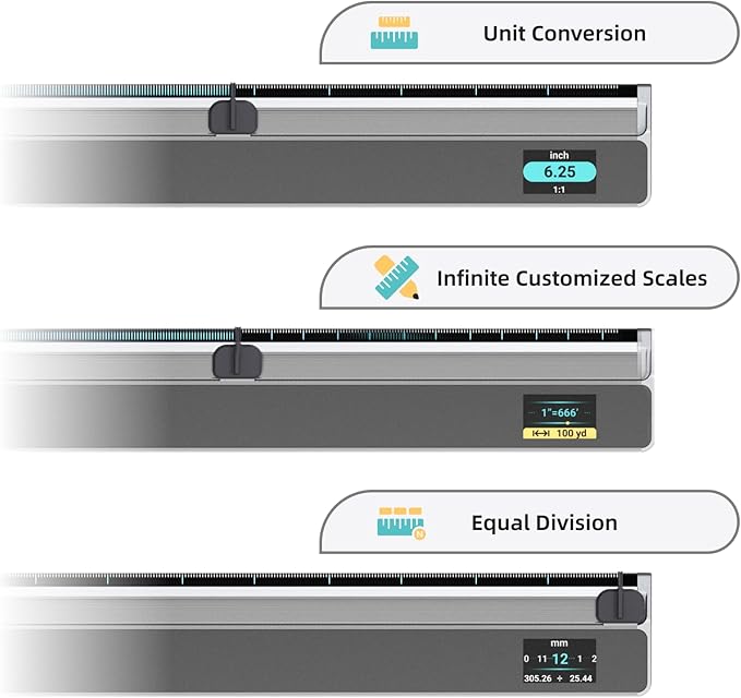 HOZO NeoRuler Digital Scale Ruler, 12 inch Smart Scale Ruler with Infinite Customized Scales and ±0.004 inch Accuracy, 93 Built-in US Imperial, Metric Scales, Architectural and Engineering