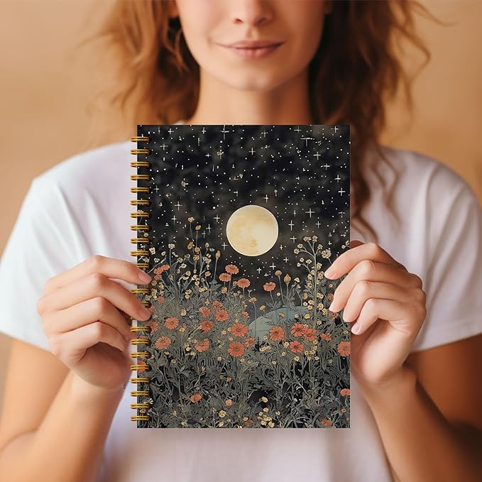 Guymn Vintage Witchy Moon Notebook, Dark Cottagecore Wildflower Floral Journal, Gothic Floral Full Moon Hardcover Spiral Notebooks 5.5x8.3 Inch