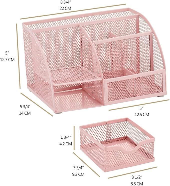Annova Mesh Desk Organizer Office with 7 Compartments + Drawer/Desk Tidy Candy/Pen Holder/Multifunctional Organizer (Light Pink)