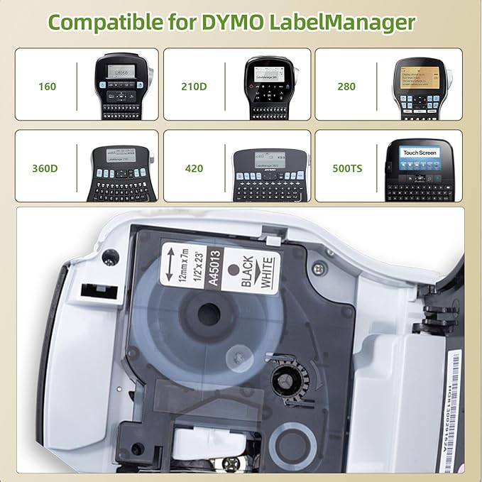 Label KINGDOM a45013 Refills Compatible with Dymo D1 45013 S0720530s Label Tape 1/2 Inch x 23 Feet Black on White Label Maker Tape for LabelManager 160 210D 420P PnP 360D 210D, 3 Pack