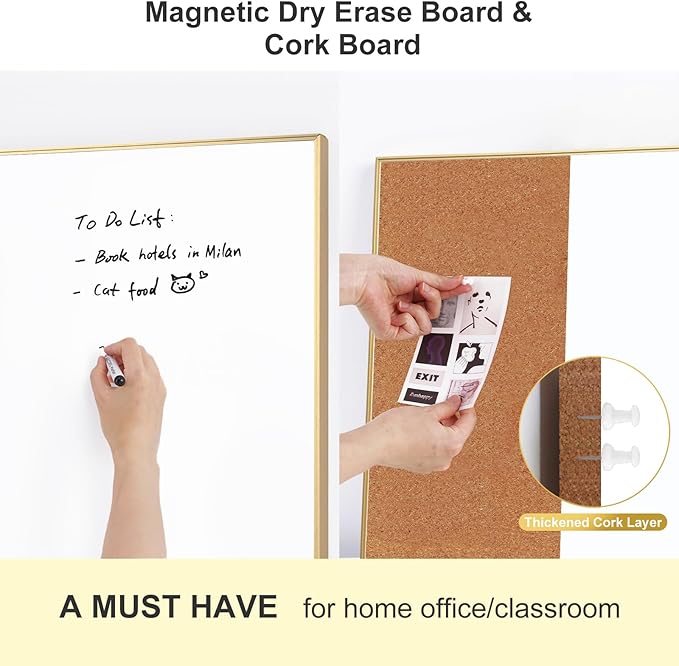 ARCOBIS Dry Erase Cork Board Combo, 24"X18" Bulletin White Board for Wall, Magnetic Corkboard Whiteboard Combination, Vision Board for Office, Home, School Gold Frame