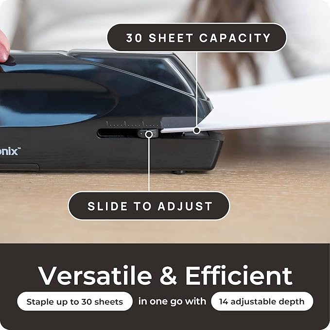 Portable Automatic Electric Stapler - 30 Sheet Capacity, Quiet Operation, Jam-Free and Easy Reload - AC Adapter/Battery Powered, (Black)