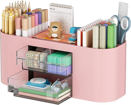 Marbrasse Desk Organizer Pen Holder for Desk with 3 Drawers, Multi-Functional Pencil Holder, Desk Organizers and Accessories with 7 Compartments for Home, School, Classroom(Pink)