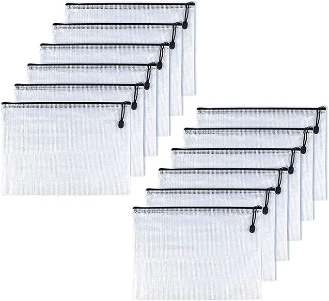 Oaimyy-A4(9"x 13",12 Pcs),Plastic Mesh Zipper Pouch Document Folders Bag Zip File Folders for School Office Supplies, Travel,Puzzles Games Organizing Storage-Black