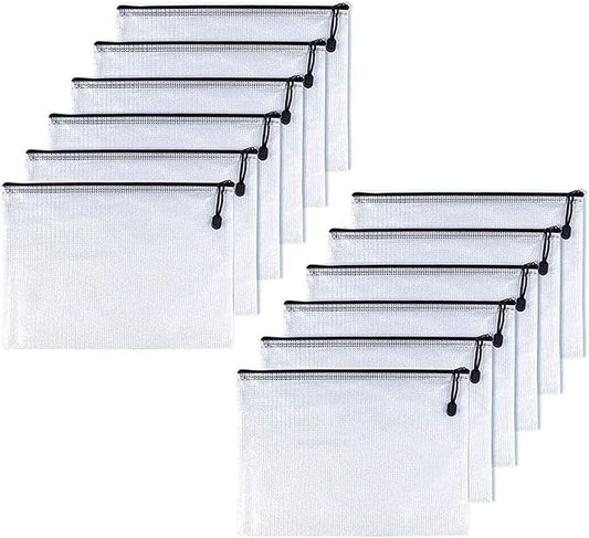 Oaimyy-A4(9"x 13",12 Pcs),Plastic Mesh Zipper Pouch Document Folders Bag Zip File Folders for School Office Supplies, Travel,Puzzles Games Organizing Storage-Black