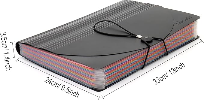 Uquelic Large Accordion File Organizer, Legal Size File Folder with 24 Pockets, Plastic Expanding File Organizer, Color Index& Elastic Strap for Legal/Letter/A4 Size Papers(Black)