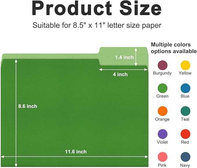 ViVin File Folder, 50 Pack Colored File Folders with 1/3-Cut Tabs, Fits 8.5 * 11 Letter Size Paper, Manilla Folders for Home Office School Documents(Multicolored)