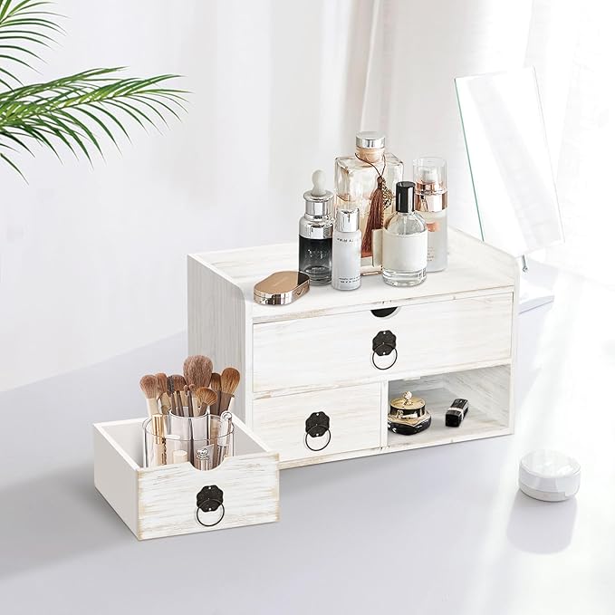 Wood Desk Organizer with Drawer, White Wooden Desktop Organizer, Tabletop Storage Organization Box for Countertop, Home Office Supplies (3 Drawer and Shelf)