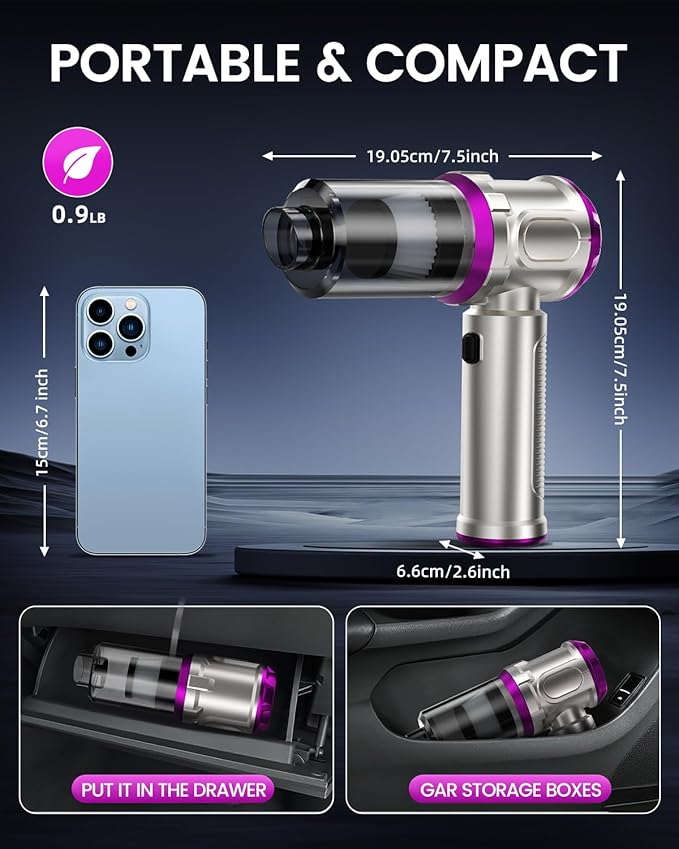 NOBIWA Portable Car Handheld Vacuum Cleaner 15000pa - 4 in 1 Vacuum Cleaner&Air Duster, Rechargeable Handheld Vacuum with Multi-Nozzles for Car, Home, Pet, Ideal Gifts for Men & Women (Pink)