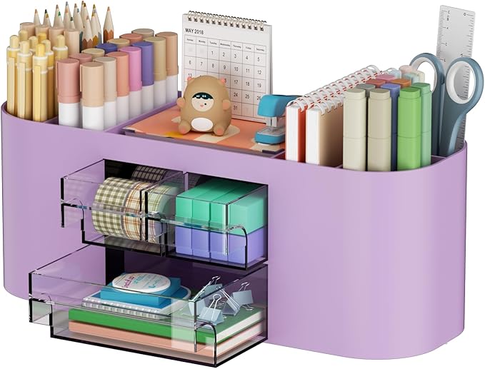 Marbrasse Pen Holder for Desk with 3 Drawers, Multi-Functional Pencil Holder, Desk Organizers and Accessories with 7 Compartments for Home, School, Classroom (Purple)