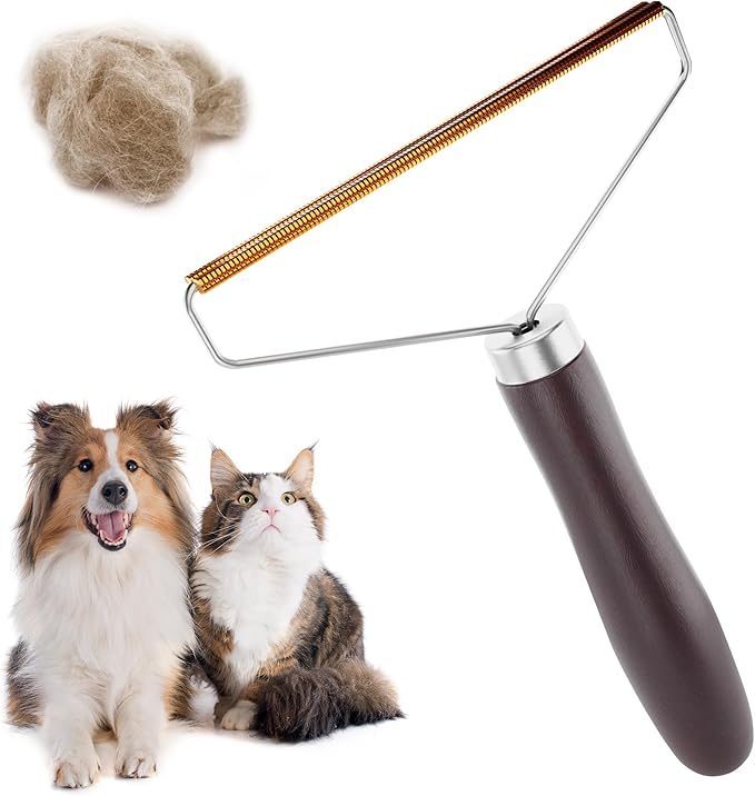PUREVACY Pet Hair Remover for Furniture. Cat and Dog Fur Remover Tool. Reusable Lint Cleaner with Copper Teeth-Cutters and Wooden Handle. Metal Pet Hair Removal Tool for Carpet. Portable Couch Cleaner