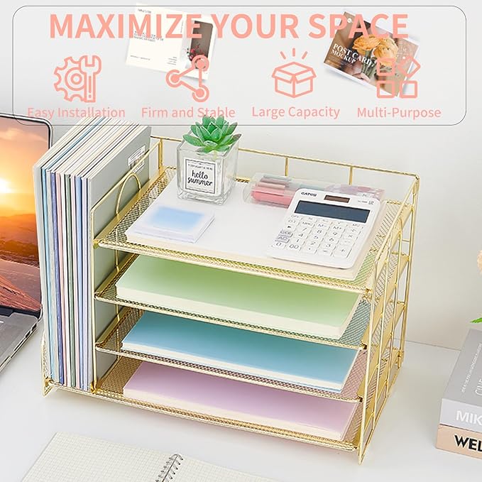OPNCIE Desk Organizers and Accessories, 4 Tier Paper Letter Tray File Organizer, Desk Accessories Workspace Desktop Organizer for Classroom Office Supplies, Gold