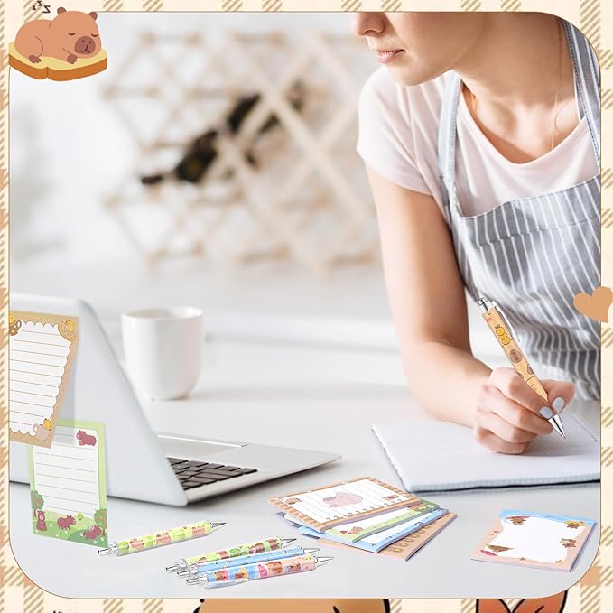 24 Pcs Capybara Sticky Notes with Pens Gifts Self Adhesive Notepad Cute Memo Notes Pads Black Ink Ballpoint Pen for Capybara Lover Gifts Office School Students Teacher Supplies