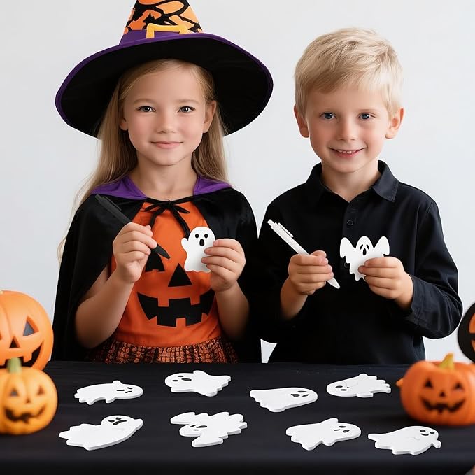 72pcs Halloween White Ghost Sticky Notes & Pens & Ribbons Set, Cute Little Boo Pastel Notepads Gift, Self-Stick Memo Pad for Office Classroom Halloween Back to School Party Favor Supplies