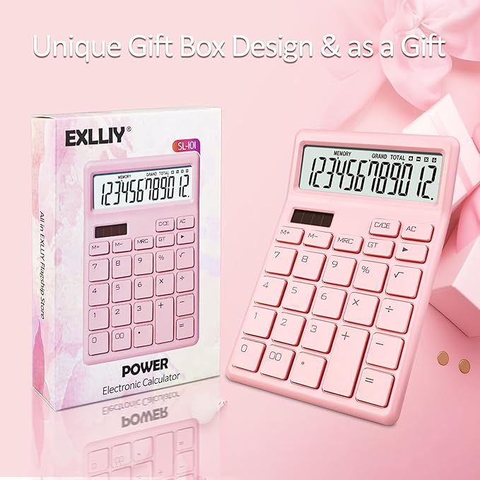 Desk Calculator 12 Digit,Pink Desktop Dual Power Battery and Solar,Desk Calculators with Large LCD Display,Perfect for Home, Office,and School Use,Auto Sleep