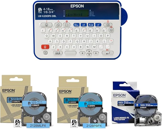 LABELWORKS Epson LW-K200PX Dark Blue Printer & Tapes Bundle - Label Maker and Blue Label Tapes