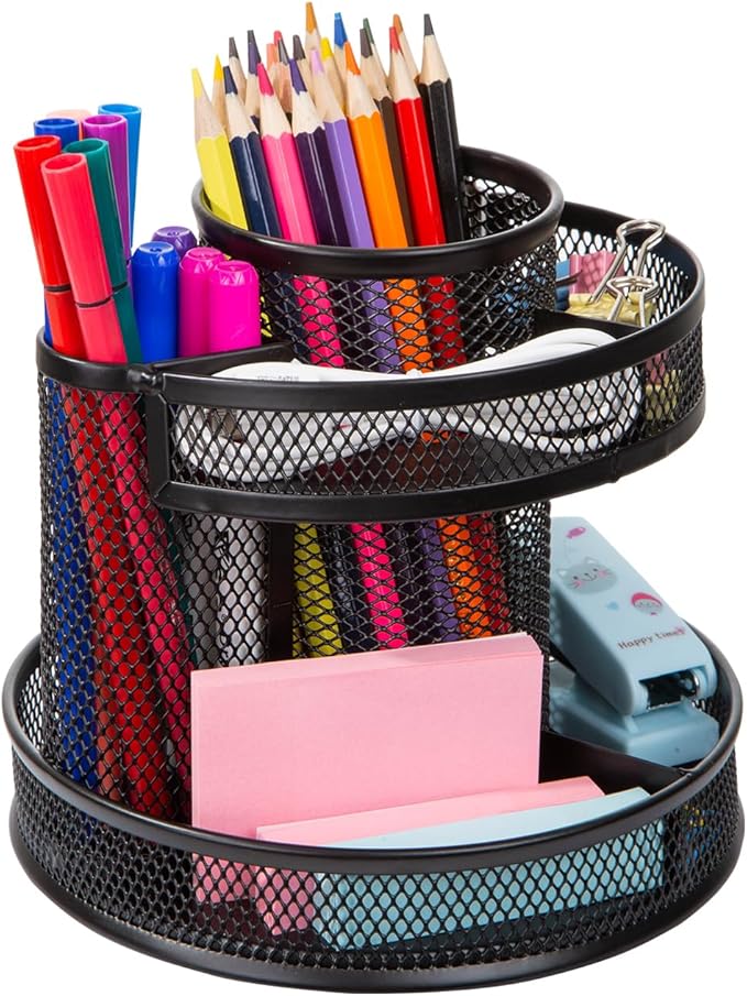 Comix 360° Rotating Pen Holder for Desk, 9 Compartments Office Desk Organizer, Black Mesh Metal Pencil Holder Cup for Office Home School