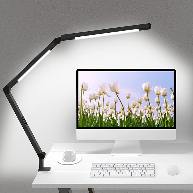 LED Desk Lamp with Clamp, Architect Desk Lamp with Dual Light and Adjustable Swing Arm, Clip-on Eye-Care 4 CCT Modes & 5 Brightness Levels Table Light Modern Computer Lighting for Home Office