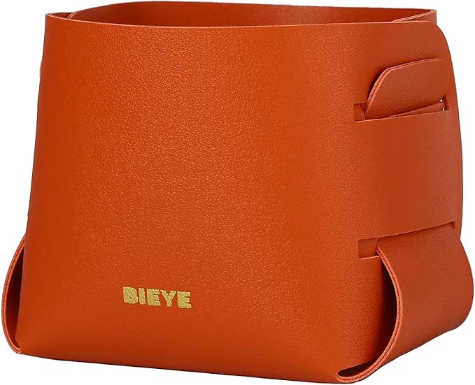 Bieye LSB005 Collapsible Leather Storage Bin Decorative Desk Organizer for Jewelry Makeup Pen Pencil Glasses Remote Controller Storage (Orange, 4" WX4 LX4 H)