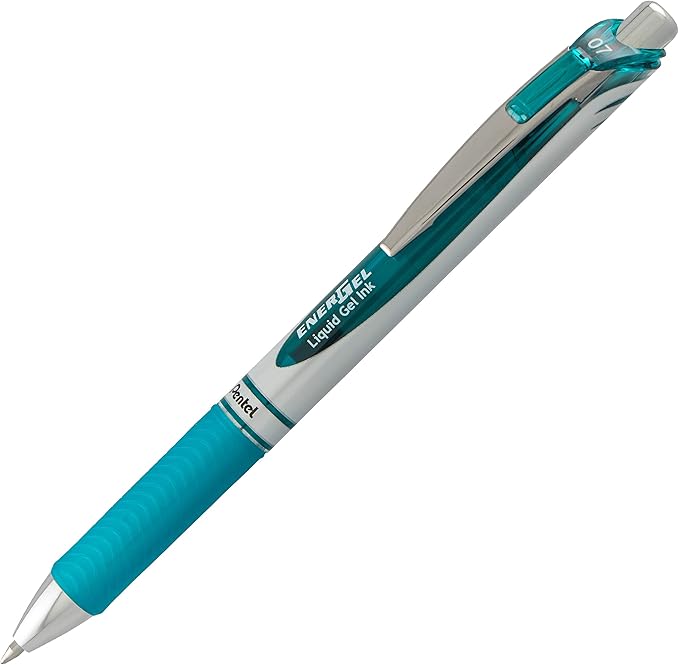 Pentel EnerGel RTX Retractable Liquid Gel Pen Metal Tip, 12 Pack, (0.7mm), Medium Line, Turquoise Blue, Box of 12 (BL77-S3)