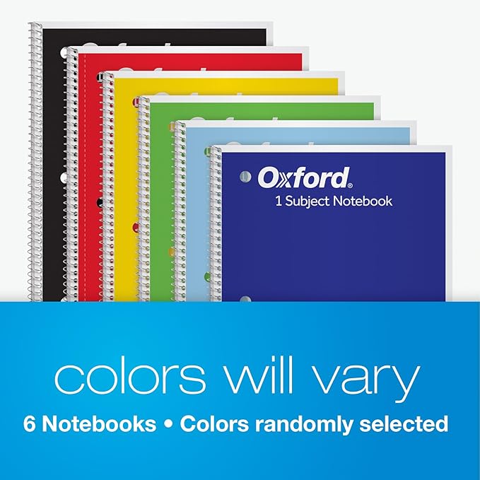 Oxford Spiral Notebooks, 6 Pack, 1 Subject, Wide Ruled Notebooks for School, 8 x 10.5 Inches, 70 Sheets, Assorted Colors, Back to School Supplies (65010)