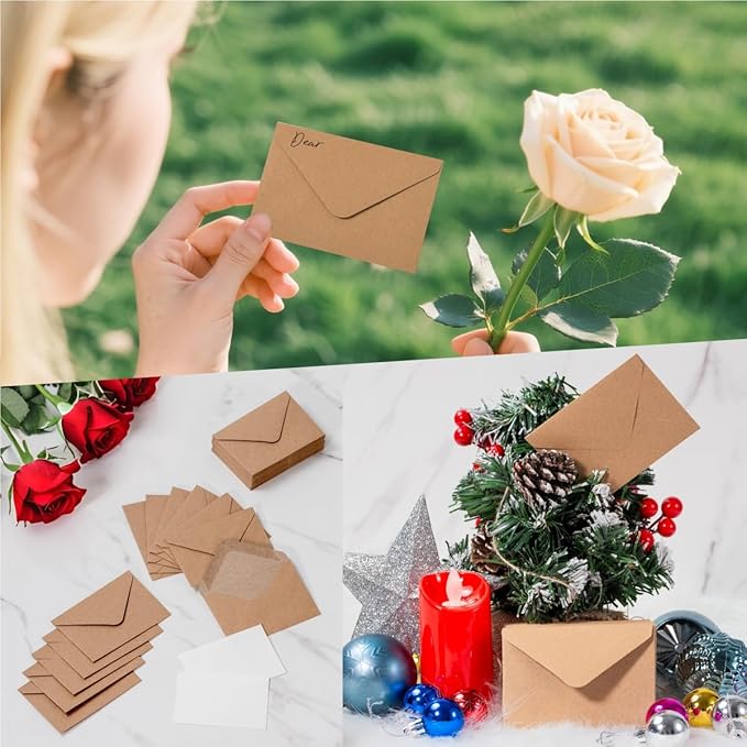 50 Sets Kraft Mini Envelopes with Blank Gift Cards, Business & Note Cards - Wedding Invitation, Graduation, Holiday Pocket Envelopes 4x2.75" Bulk for Party Favors & Scrapbooking