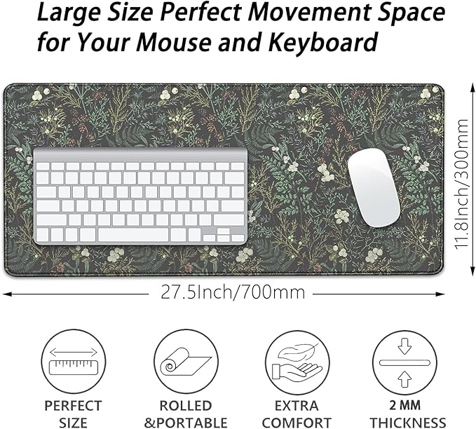 Dark Green Plant Desk Pad Mouse Pad,Vintage Green Fern Leaves Mouse Mat with Stitched Edges,Non-Slip Rubber Base Mousepad for Office PC Keyboard Laptop and Home Work Desk Mat(27.5X11.8 in)