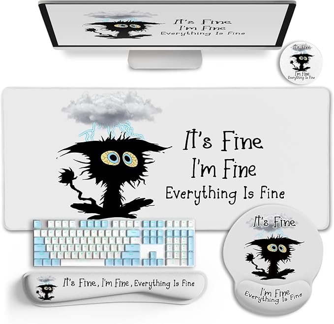 Desk Mat Set, Large Gaming Mouse Pad with Wrist Rest, Ergonomic Mouse Pad Keyboard Mat Wrist Support, Cup Coaster, Home Office Desk Accessories Decor Supplies, Funny Black Cat