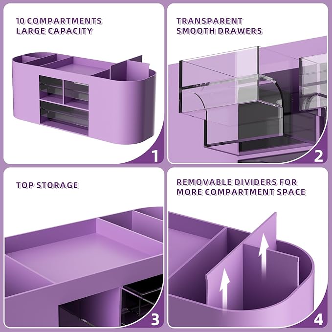 Marbrasse Pen Holder for Desk with 3 Drawers, Multi-Functional Pencil Holder, Desk Organizers and Accessories with 7 Compartments for Home, School, Classroom (Purple)