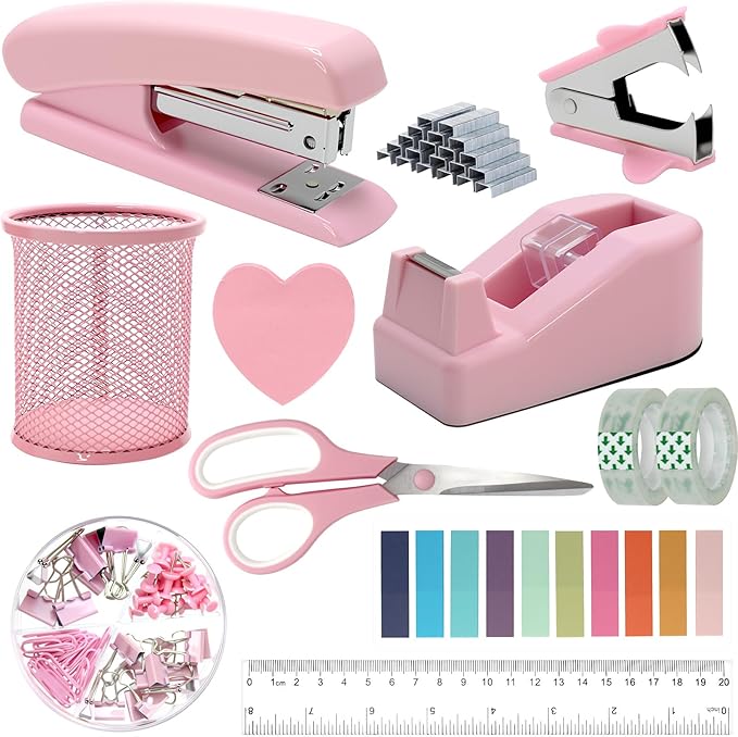 12pcs Pink Desk Accessories Office Supplies, Desk Organizers Set Stapler, Tape Dispenser Set, Staples, Clips, Scissor Gift for Students, Coworkers