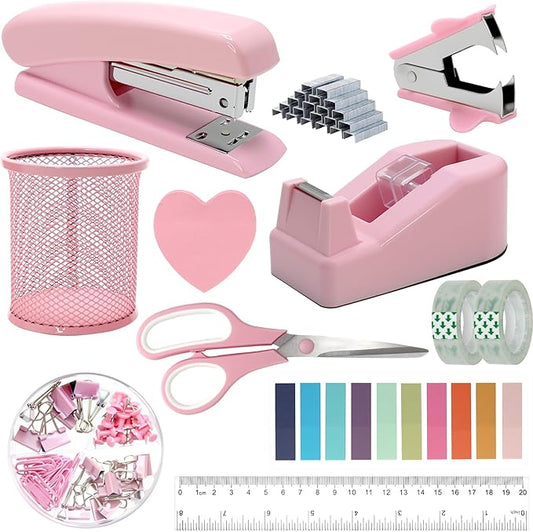 12pcs Pink Desk Accessories Office Supplies, Desk Organizers Set Stapler, Tape Dispenser Set, Staples, Clips, Scissor Gift for Students, Coworkers