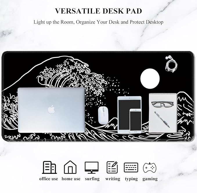 Auhoahsil Large Mouse Pad, XXL Gaming Mousepad, Desk Mat for Desktop, Thick Rubber, Big & Long Size, Stitched Edges, Full Desk Pad for Laptop & Computer, Extended 35.4 x 15.7 in, Black Great Wave