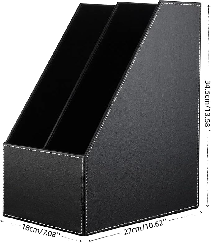 KINGFOM Wooden Leatherette Desktop File Folder Organizer and Document File Stand Journals Magazine Rack 2 Slots (black)