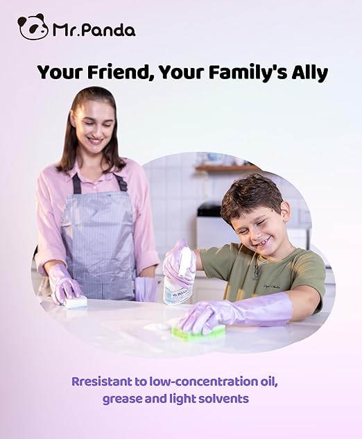 Mr.Panda 3 Pairs Skin-Friendly Flocked Cotton Liner Cleaning Gloves Medium, Reusable Dishwashing Gloves for Washing Dishes, Kitchen, Shimmering Pink