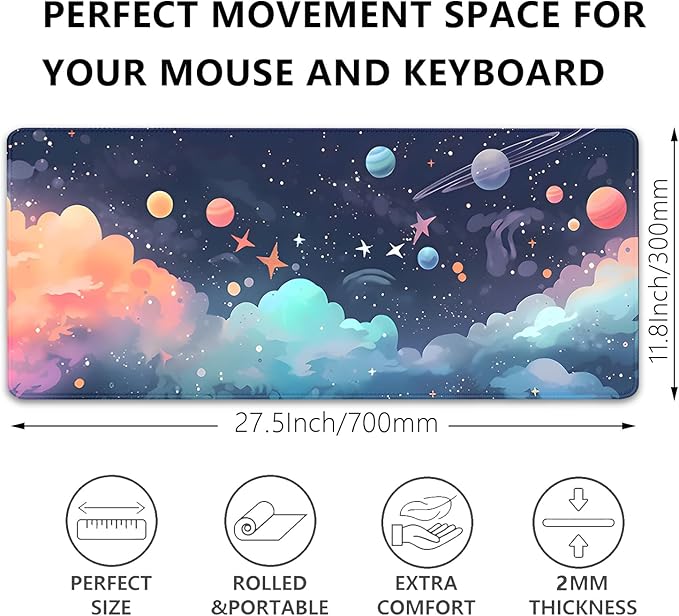 Cosmos Desk Mat Mouse Pad,Anime-Inspired Space Scene Mousepad, Cute Aesthetic Stars and Planets,Large Galaxy Mouse Pad,Cute Desk Mat for Home Work Ofiice(27.5X11.8 in)