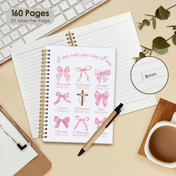Bible Journal, Coquette Pink Bow Notebook Journals, Christian Gifts for Women, Coquette Office Supplies, Bible Notebooks for Note Taking，I am Beautiful Hardcover Spiral Notebook 5.5x8.3