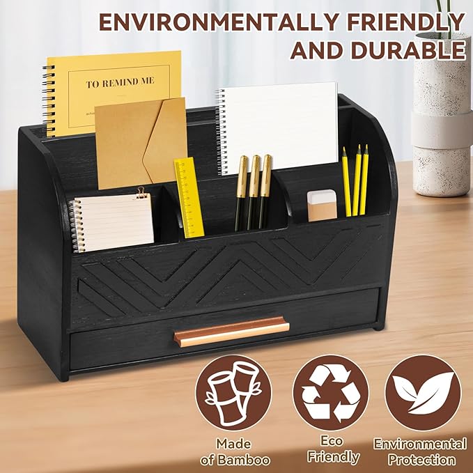 Mail Organizer Countertop Kitchen-Black Mail Holder Countertop Drawers Wood Desk Drawer Tabletop Storage Organization Pen Holder Letter Sorter Makeup Organizer for School Home Office Supplies