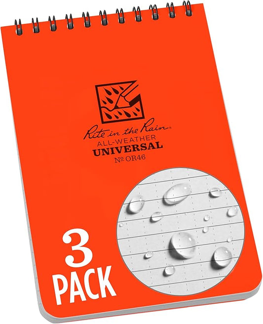Rite in the Rain Weatherproof Top Spiral Notebook, 4" x 6", Orange Cover, Universal Pattern, 3 Pack (No.OR46-3)