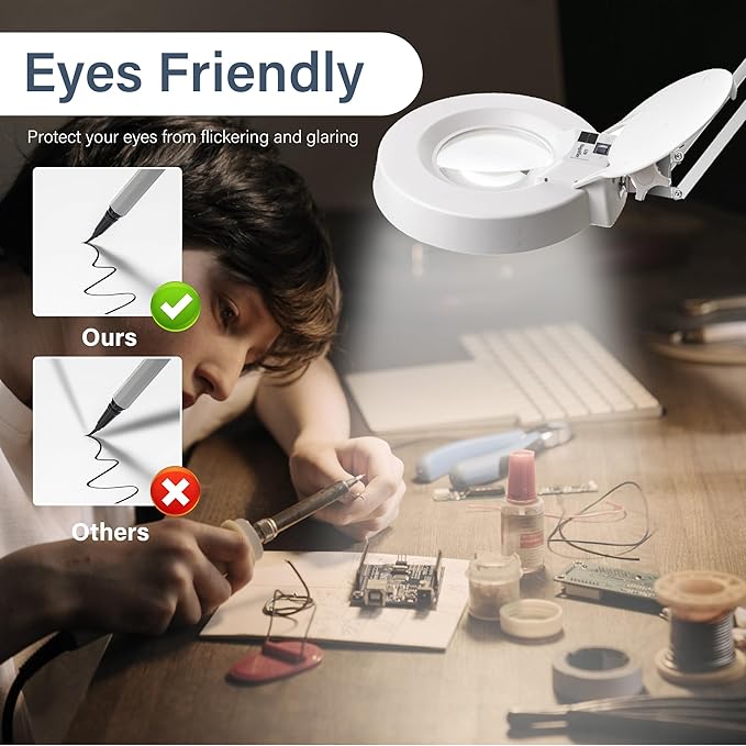 10X Magnifying Glass with Light and Stand,Desk Lamp with Real Glass Magnifier,Adjustable Stainless Steel Bracket Clip on,Lighted Magnifying Glasses for Close Work, Reading, Crafts, Jewelry, Sewing