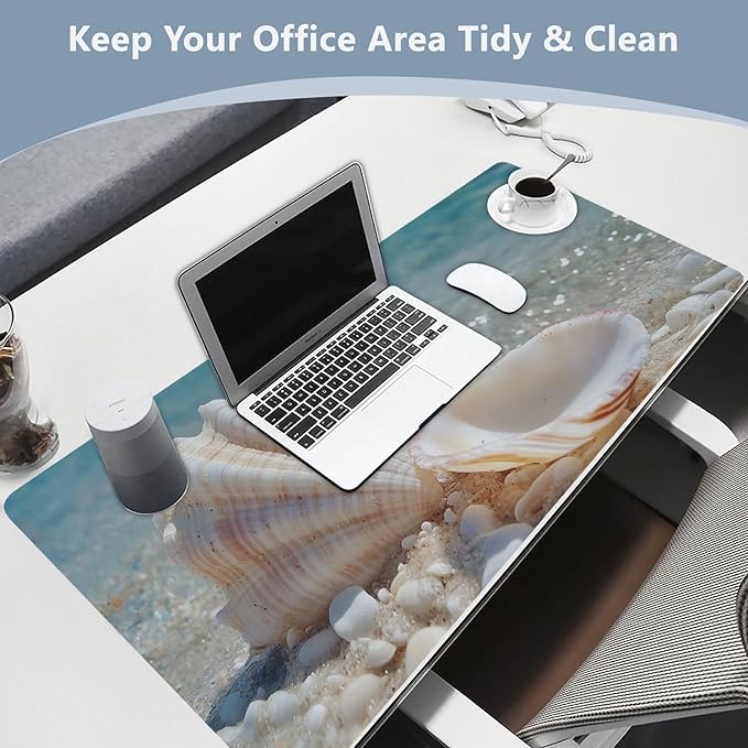 Mouse Pad Desk Mat Leather Desk Pad Large Gaming Desk Cover Protector Mat for Keyboard Computer Laptop Office Waterproof 47.2 x 23.6 Inch Blue Sea White Shell