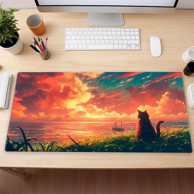 Cute Cat Anime Sunset Ocean Large Gaming Mouse Pad - 31.5x15.7 Inch XL Extended Desk Mat for Keyboard & Mouse, Kawaii PC Desktop Decor
