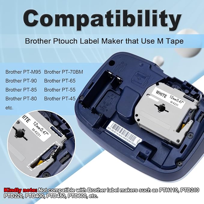 Labelife M-K231 Compatible Label Tape Replacement for Brother PTouch M Tape M231 MK231 M-231 M-K231S 12mm 0.47 Inch, for Brother PTouch PT-M95 PT-85 PT-75 PT-65 Label Makers, Black on White, 6 Pack
