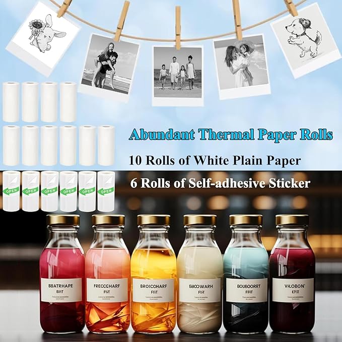 16 Rolls Mini Thermal Printer Paper, Including 6 Sticker Paper & 10 Plain Paper Rolls for Mini Portable Printers, 57X25 mm, Suitable for Various Inkless Sticker Printers