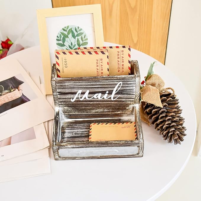 Farmhouse Mail Organizer Countertop Letter Sorter Caddy 2 Tier Rustic Mail Tray Wooden Mail Holder File Organizer Bill Paper Folder Office Desk Accessories Rustic Office Supplies Home Decor